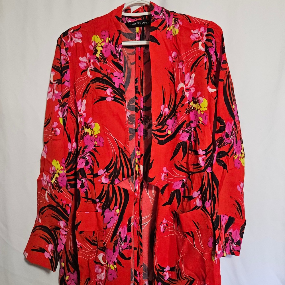 Duster Jacket Womens XS Red Excellent Floral Tropical‎ Colleen Lopez Kimono Coat